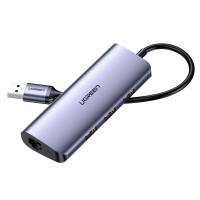  Adapteris Ugreen CM252 USB-C to 3xUSB-A + RJ45 (MicroUSB Power Supply) gray 